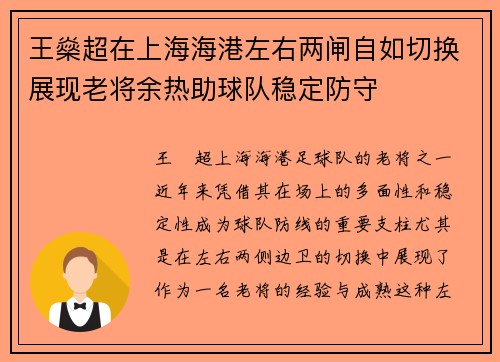 王燊超在上海海港左右两闸自如切换展现老将余热助球队稳定防守